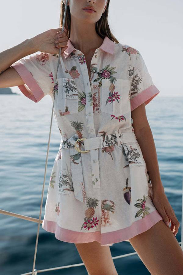 Tropical Print Linen Shirt-Style Romper