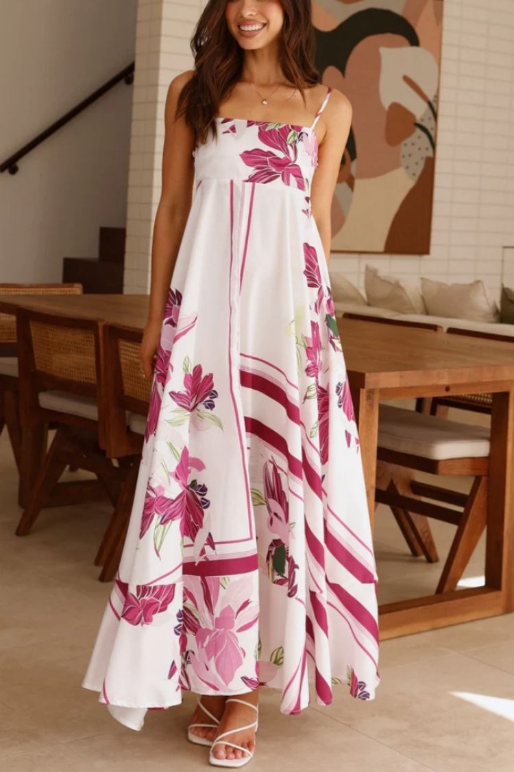 Printed Ruffle Suspender Maxi Dress