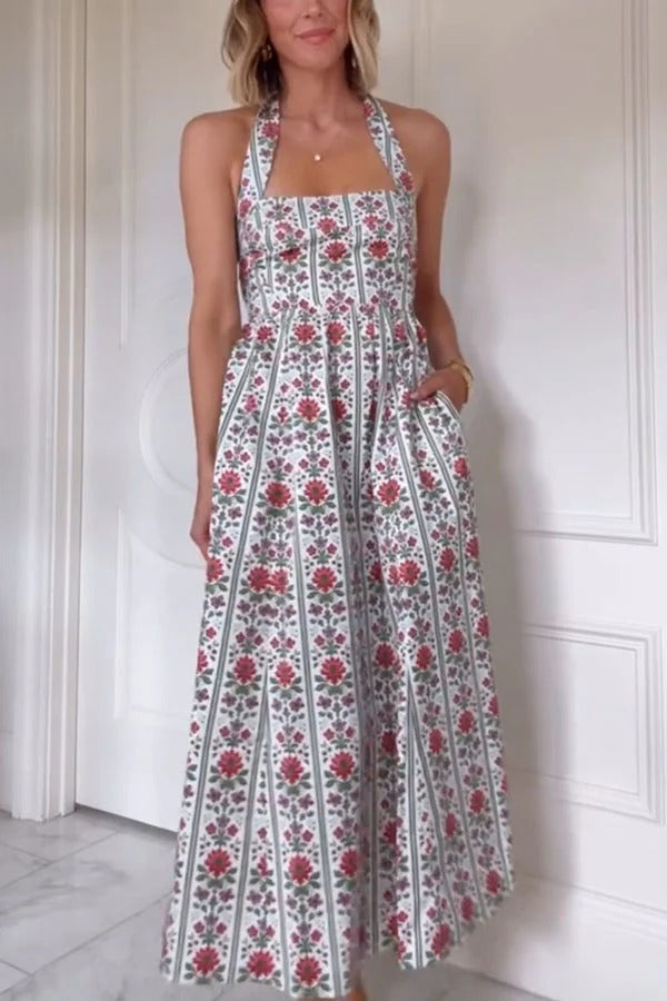 Summer Event Linen Blend Floral Pocketed Halter Maxi Dress Red