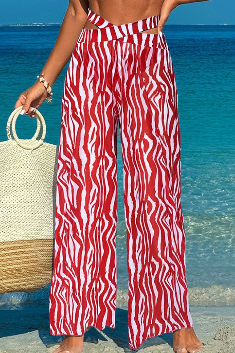 Mesh Loose Elastic Wide-Leg Pants Red Stripe