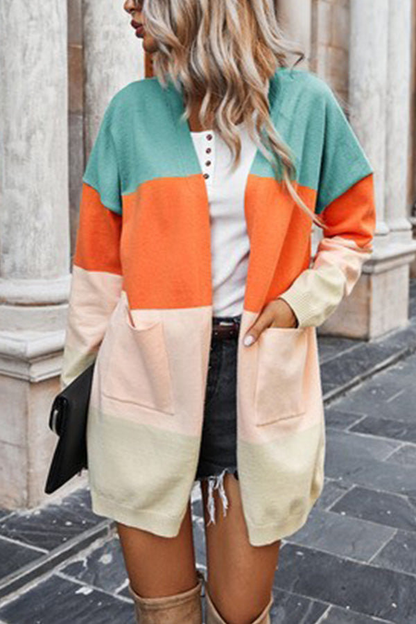Contrasting rainbow paneled striped long cardigan sweater with pockets Blue