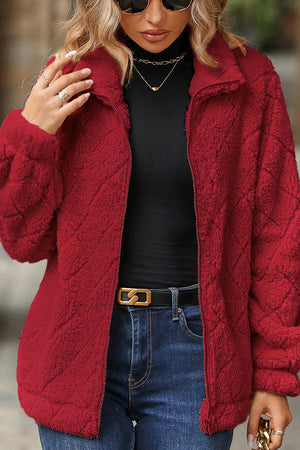 Zippered Diamond Plush Jacket Red