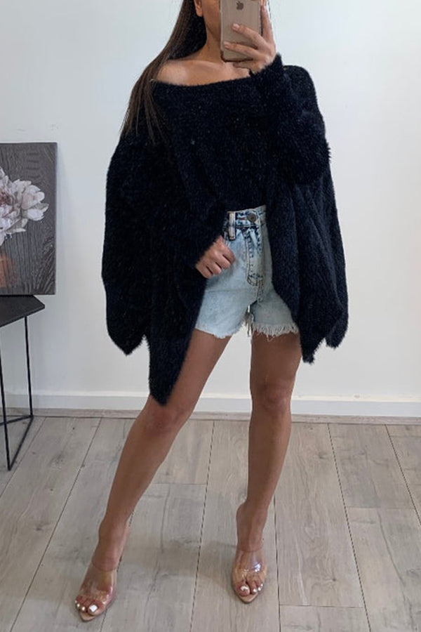 Shawl Style Knit Oversized Fluffy Sweater Black