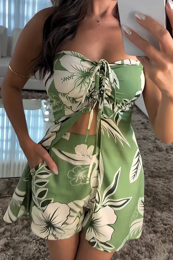 Floral Print Sexy Bandeau Drawstring Top and Elastic Waist Pocket Shorts Set Green