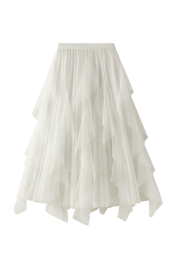 High-waisted ruffled patchwork mesh skirt