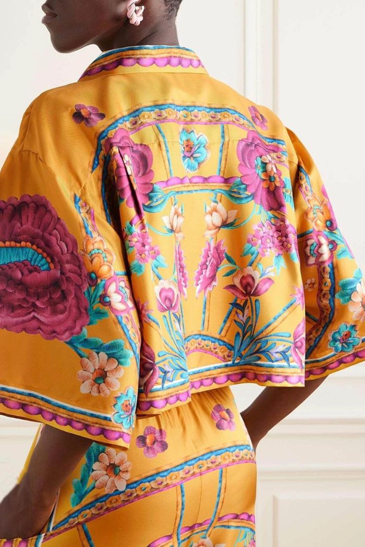 Sunset Cropped Unique Floral-Print Shirt And Loose Wide-Leg Pants