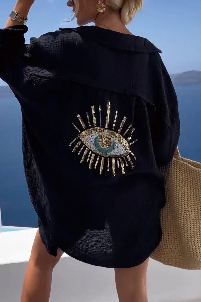 Summer Breeze Linen Blend Sequin Magic Eye Desig Oversized Relax Shirt Black