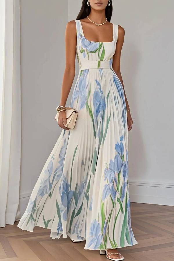 Weißes plissiertes Chiffon-Maxikleid mit Blumenmuster und quadratischem Ausschnitt, ärmellos, A-Linie