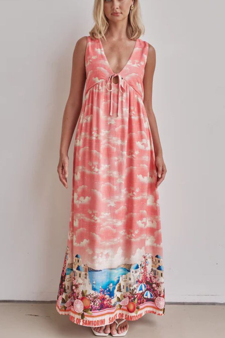 Resort Style Unique Printed Sleeveless V-neck Casual Maxi Dress