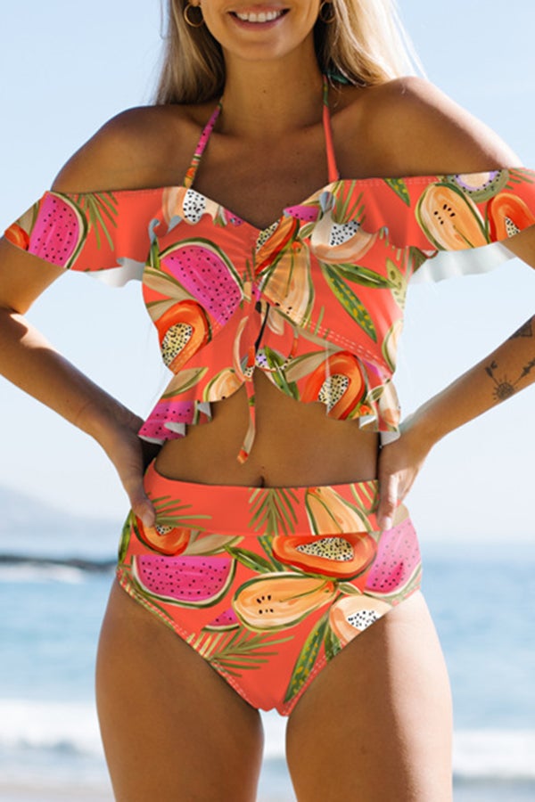 Printed Ruffled Drawstring Off-shoulder Bikini Pink