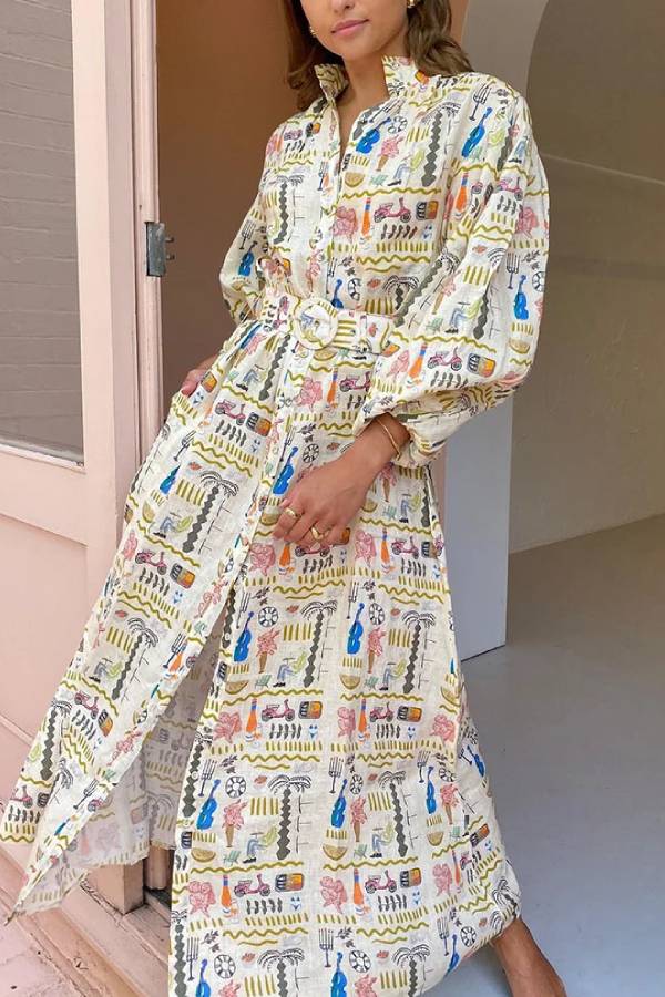 Vacation Long Sleeve Printed Dress White