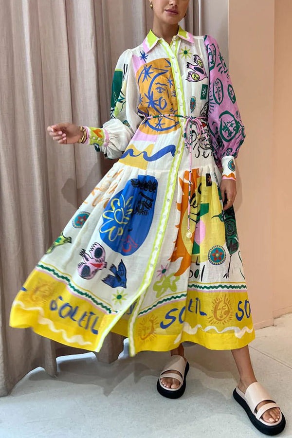 Boldness and Art Unique Print Balloon Sleeve Patchwork Shirt Midi Dress Multicolor