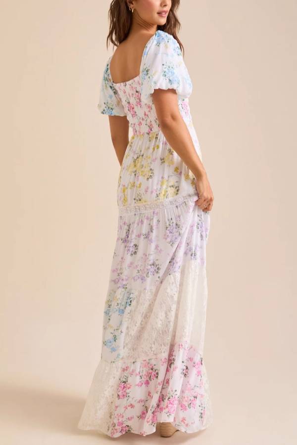 Colorful Floral Square Neck Puff Sleeve Lace Insert Tiered Maxi Dress