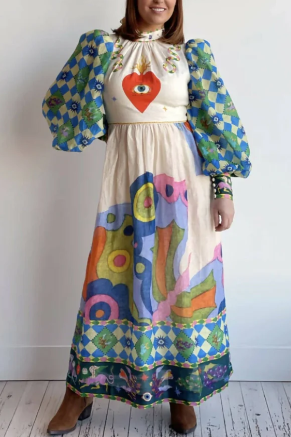 Dear To My Heart Unique Print Lantern Sleeve A-line Midi Dress