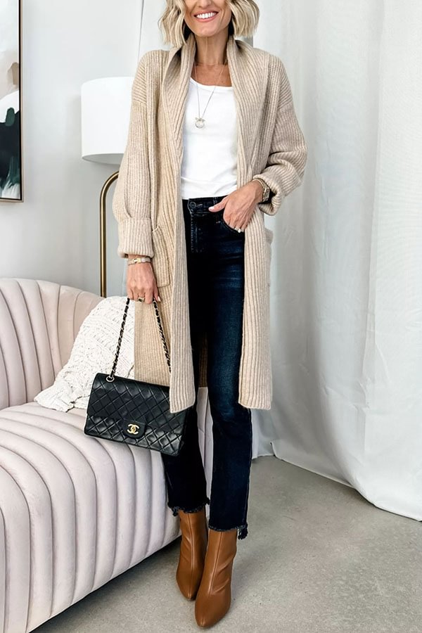 Fall Harvest Knit Lapel Pocketed Duster Cardigan Beige