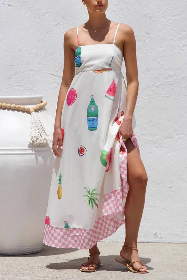 Vacation Style Fruit & Drink Print Spaghetti Strap Maxi Dress