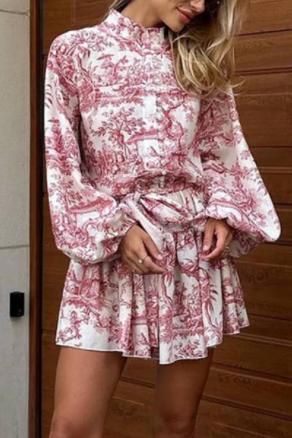 Seaside Print Puff Sleeve Mini Dress Red