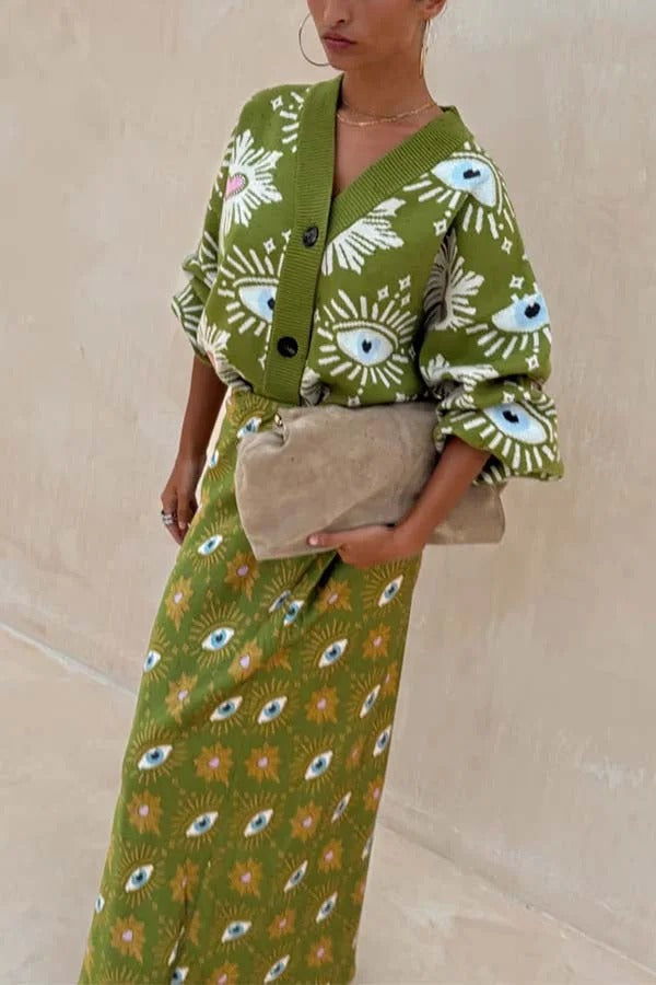 Mysterious Magic Knit Eye Heart Pattern Button Up Long Sleeve Loose Cardigan