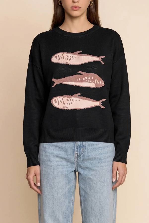 Womens Black Fish Graphic Knit Sweaters