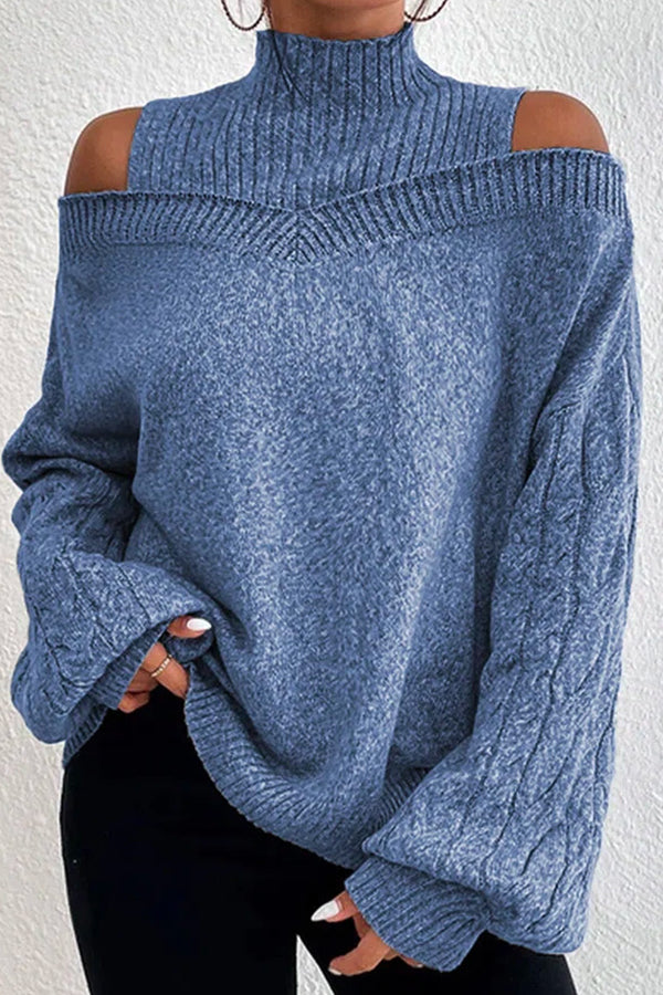 women's off shoulder turtleneck loose sweater Blue