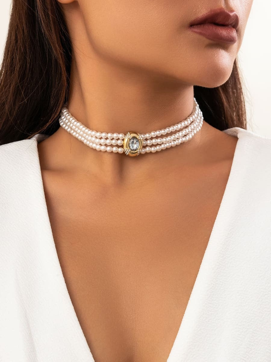 Short Faux Pearl and Turquoise Bead Necklace White diamond one size