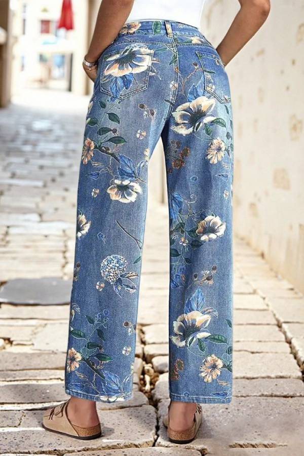 Vintage Floral Print Wide‑Leg Jeans