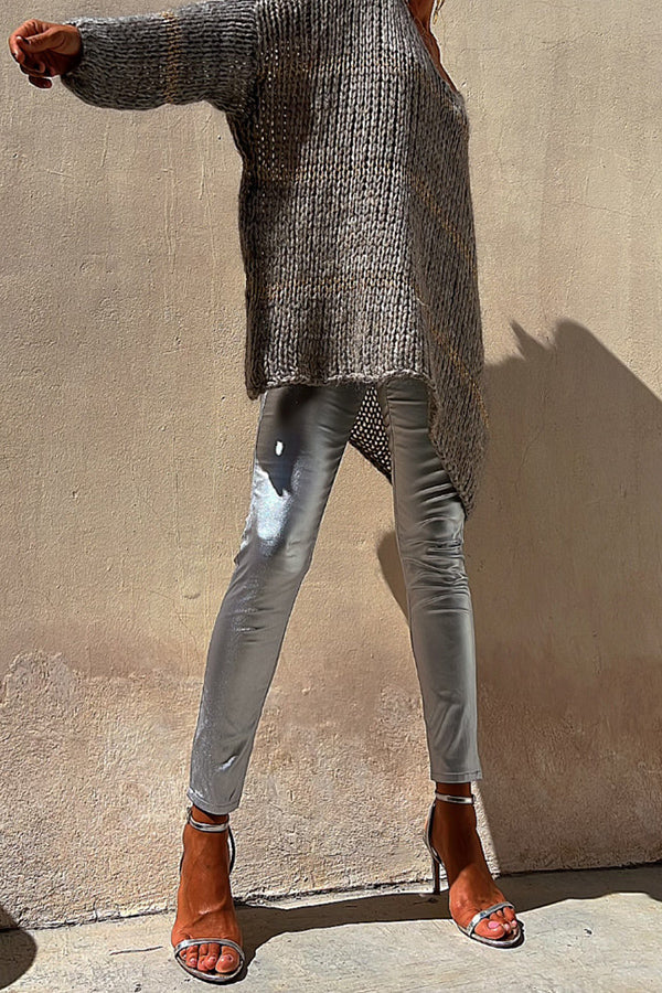 Sweet and Glitzy Metallic Color Pocket Faux Leather Stretch Pants Silver