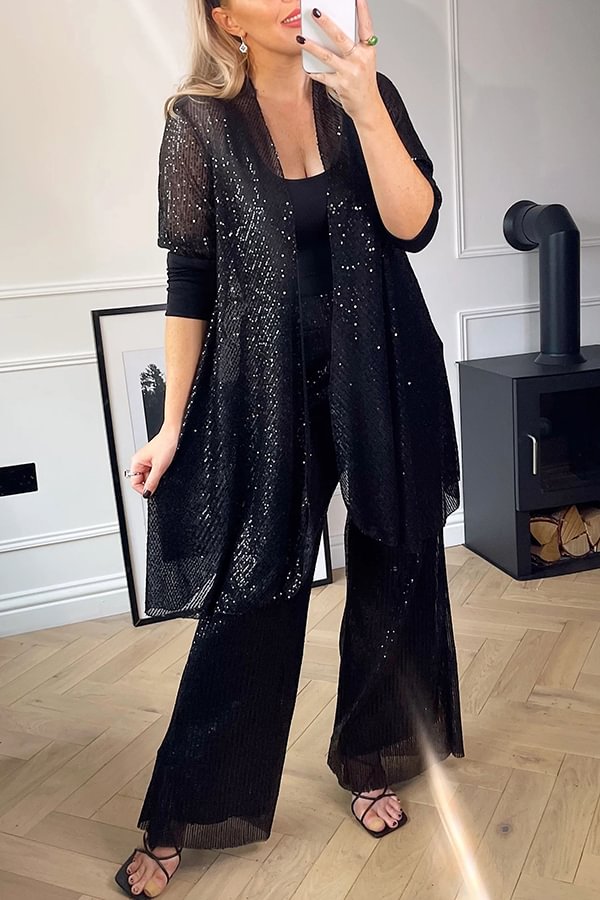 Shine Bright Sequin Half Sleeve Open Front Drape Midi Kimono