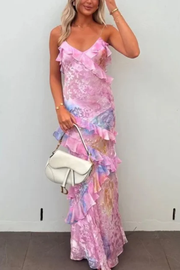 Rainbow Color Slim Fit Halter Backless Long Dress Pink