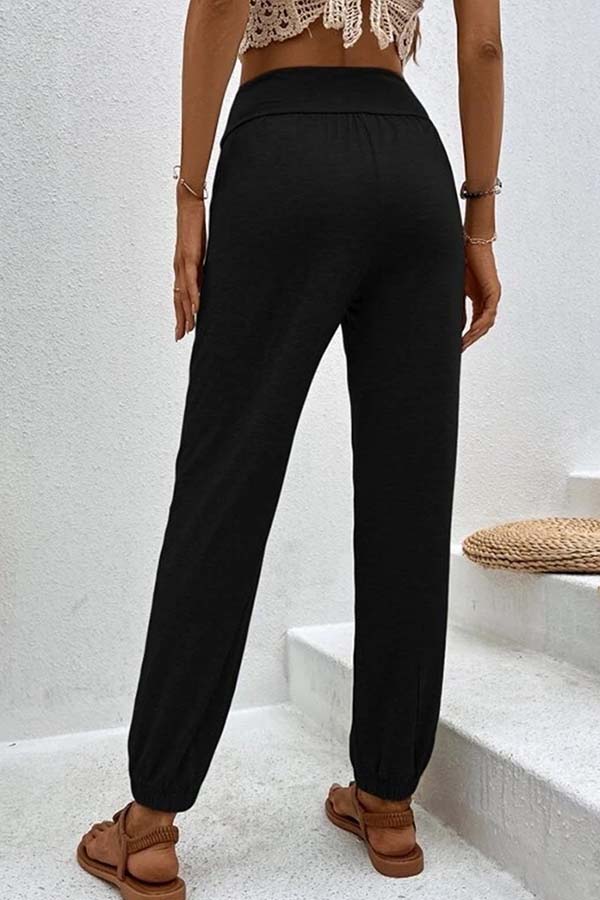 Temperament casual loose pocket high waist trousers