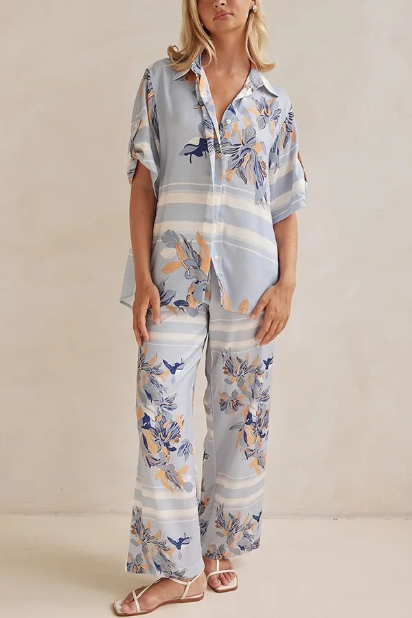 Fashionable Plant Print Loose Lapel Short Sleeve Shirt and Casual Elastic Waist Pocket Pants Set Wathet Blue
