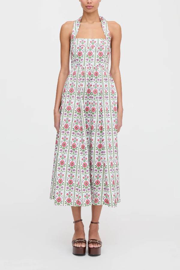 Summer Event Linen Blend Floral Pocketed Halter Maxi Dress