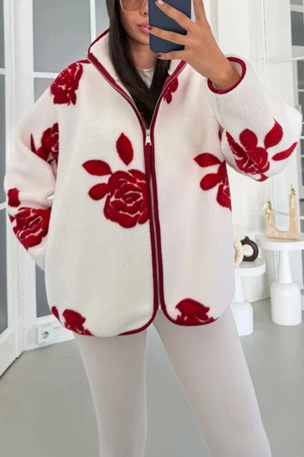 Snow Village Fleece Unique Print Zipper High Neck Long Sleeve Pocket Coat