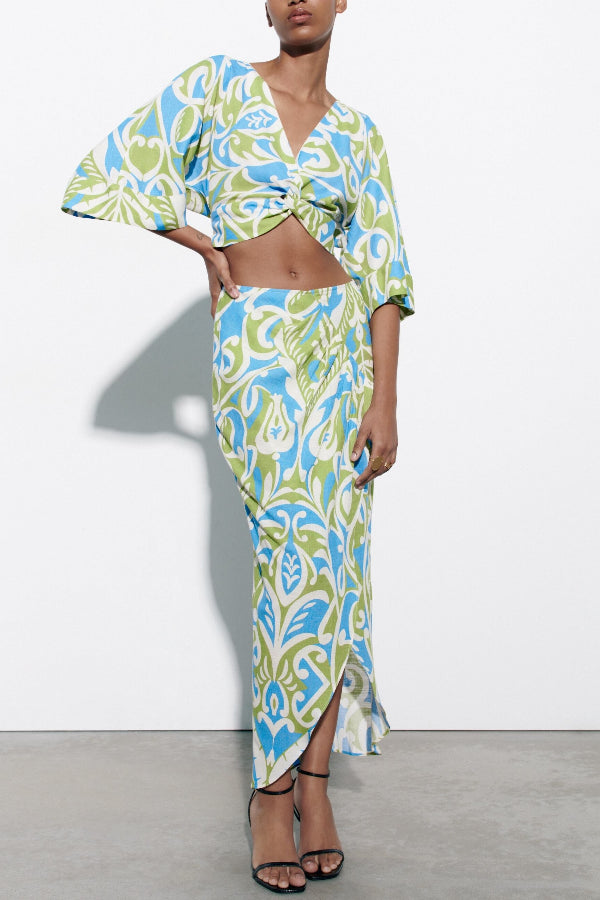 Maija Vintage Twisted Knot Detail Shirt And Skirt Set Green