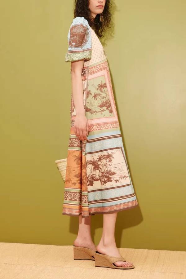 Patchwork Tropical Print Puff Sleeve Maxi Dress