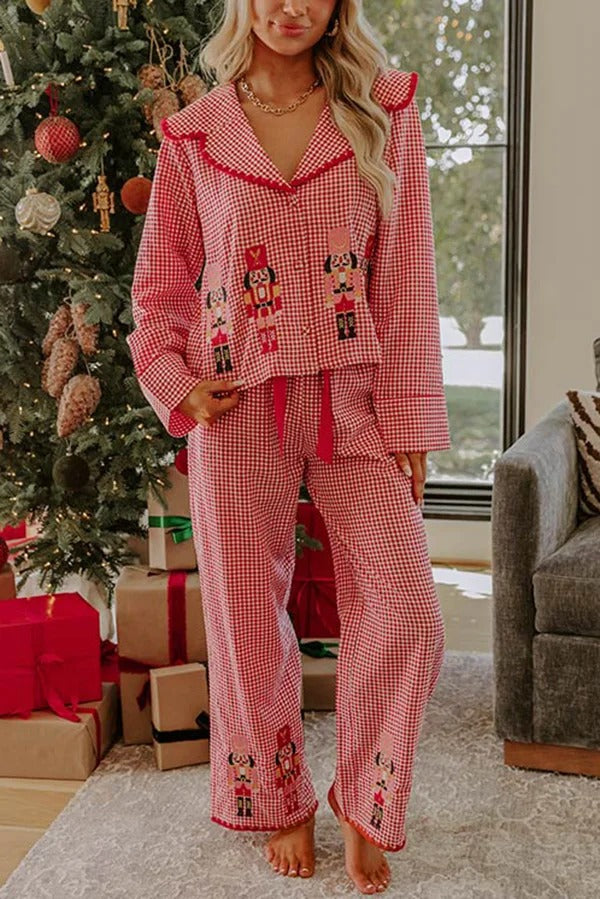 Nutcracker Charm Embroidered Gingham Loose Shirt and Elastic Waist Pajama Set