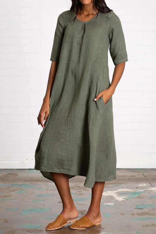 Round Neck Half Sleeve Long Solid Color Casual Cotton Linen Dress Green