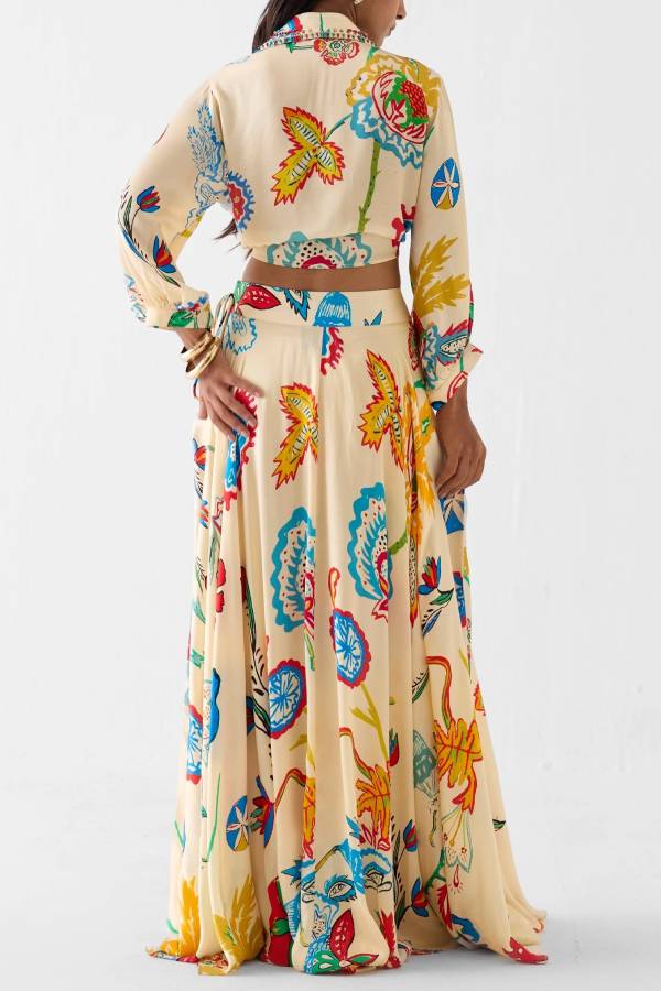 Vacation Tropical Floral Print Waist Tie Shirt & Maxi Skirt Boho Two Piece Set