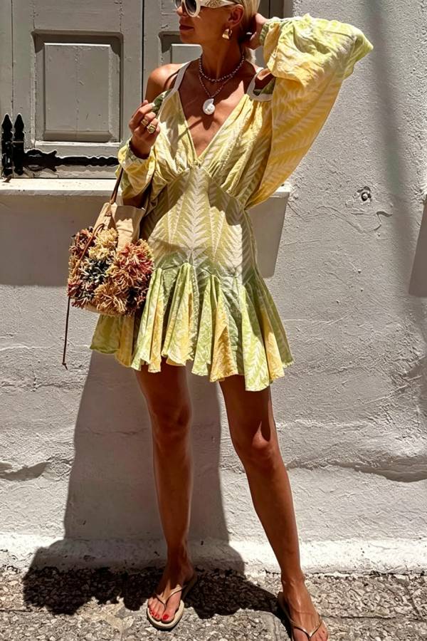 Isla Linen Blend Unique Print Cutout Balloon Sleeves Pleated Hem Mini Dress