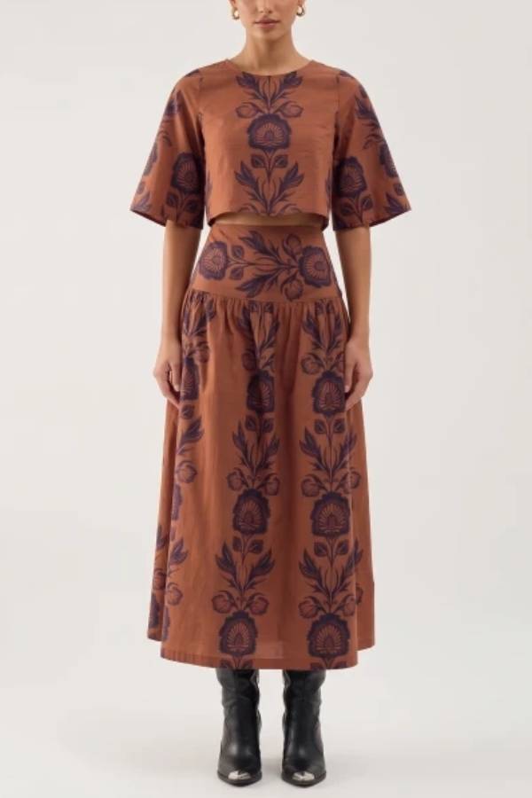 Folk Floral Print Fit-and-Flare Midi Dress