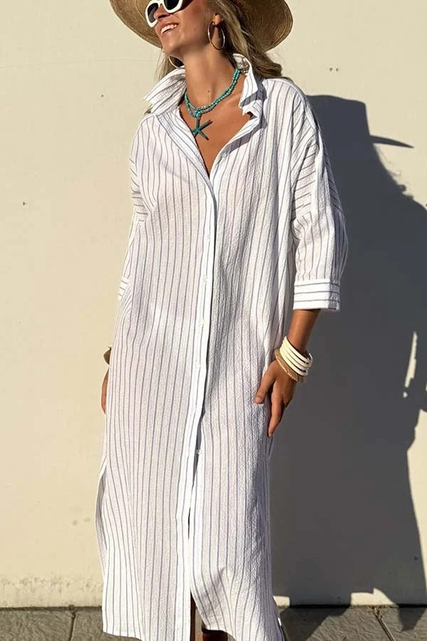 Robe chemise mi-longue boutonnée à rayures et manches mi-longues avec ceinture et poche
