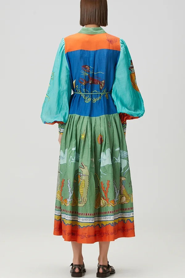 Puts A Smile Unique Print Lapel Lantern Sleeve Waist Tie Midi Dress