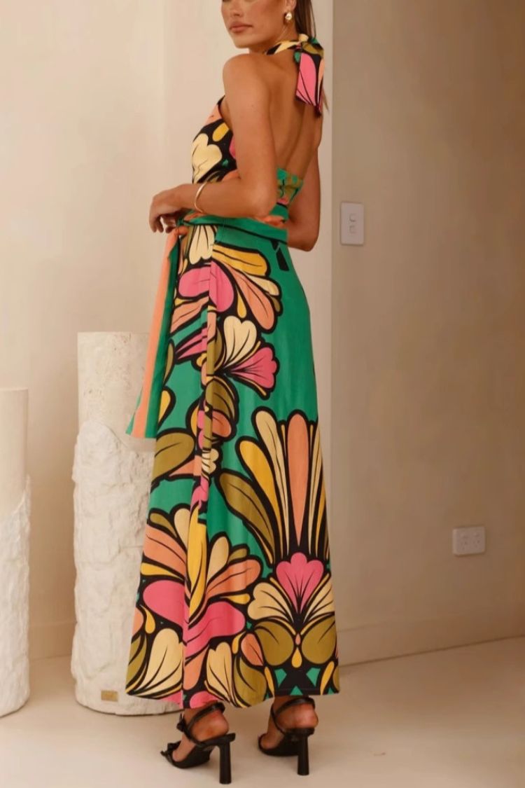 Unique Print Halter Neck Tie Backless Holiday Maxi Dress