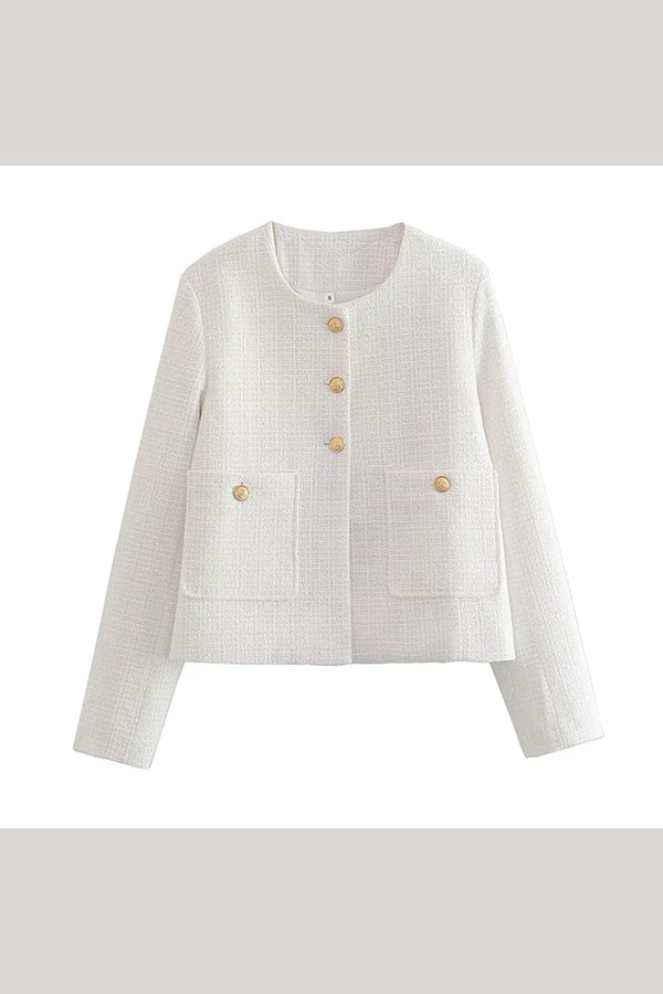 Solid Color Textured Casual Style Top Jacket White