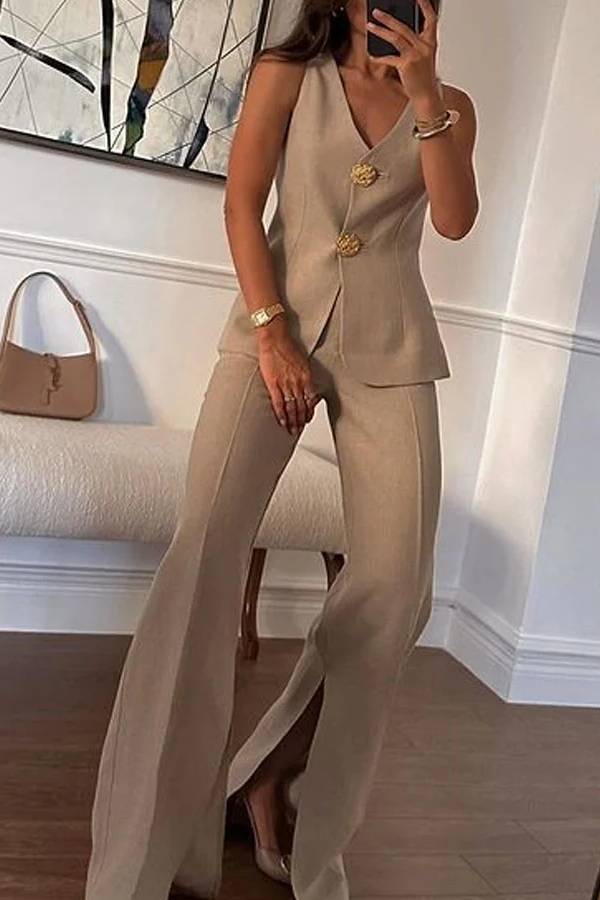 Solid Color Elegant Sleeveless Vest & Suit Pants Two-Piece Set Apricot