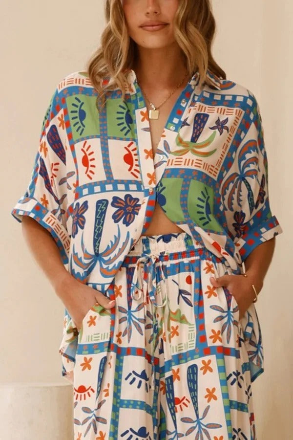 Unique Print Lapel Short Sleeve Loose Shirt and Elastic Waist Casual Pocket Wide Leg Pants Set