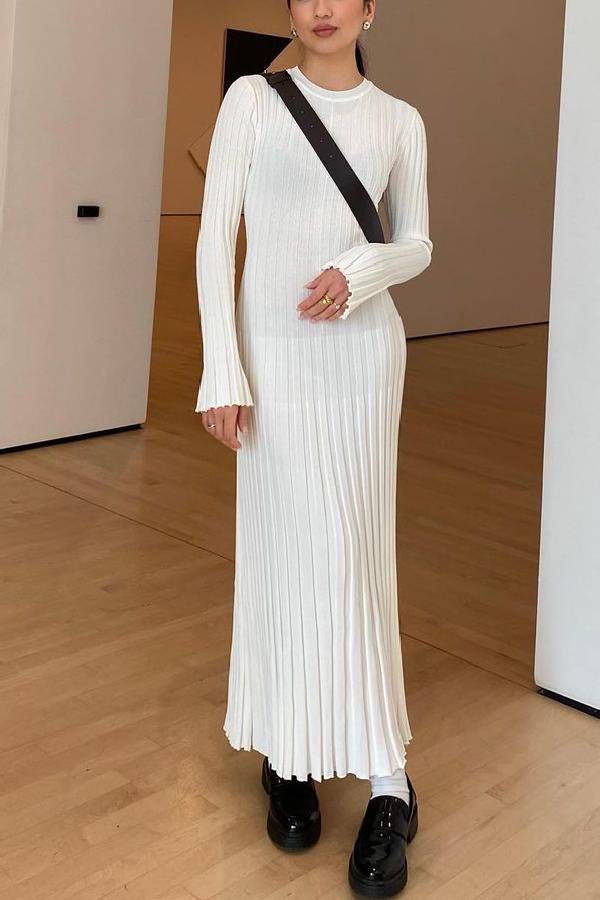 Big Pit Stripe Slimming Long sleeve Long Dress White