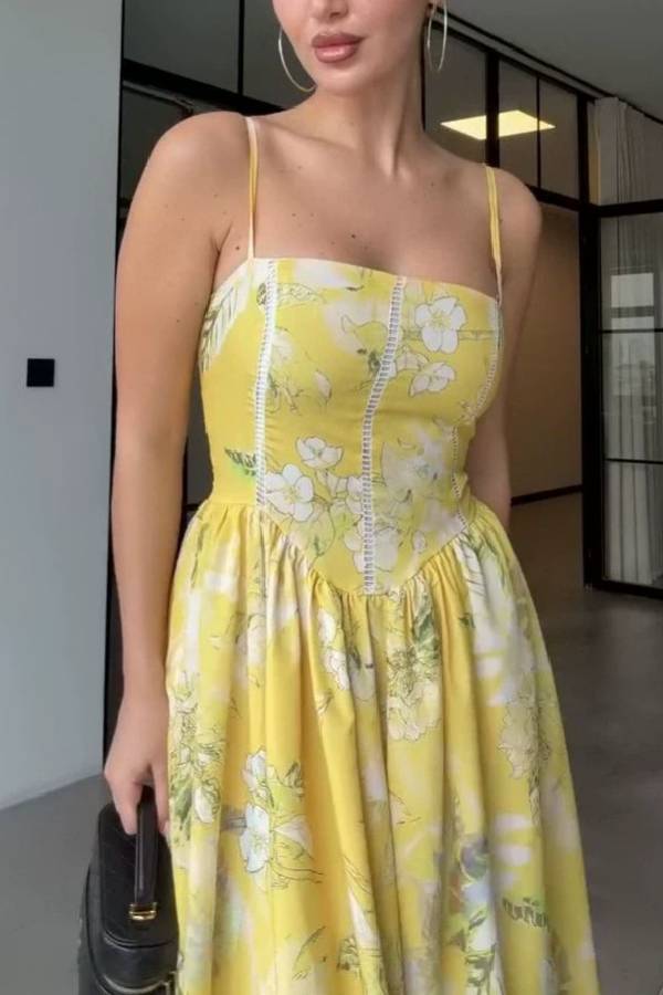 Thin Strap Square Neck Boned Corset Floral Midi Swing Dress