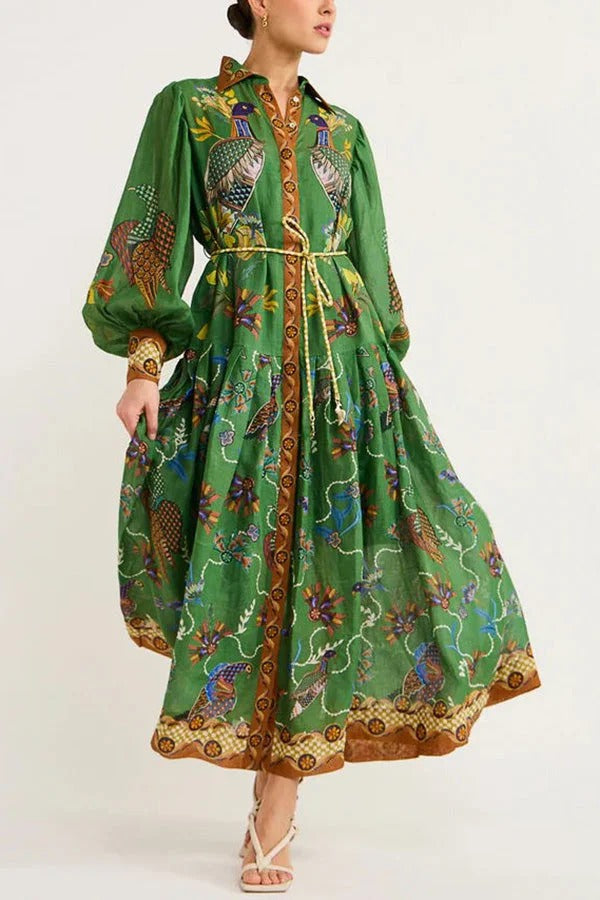Special Moment Heaven Bird Print Balloon Sleeve Shirt Midi Dress Green