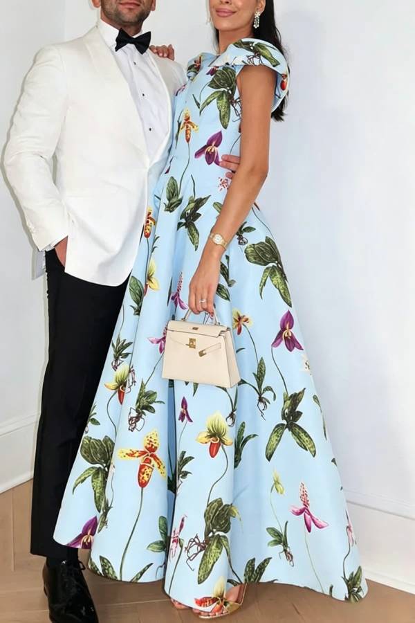 Fresh Bloom Floral Print Short Sleeve Umbrella Hem Maxi Dress
